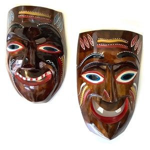 SET OF TWO VINTAGE 1978 HAND CARVED WOOD "DEVIL" MASKS FROM MEXICO